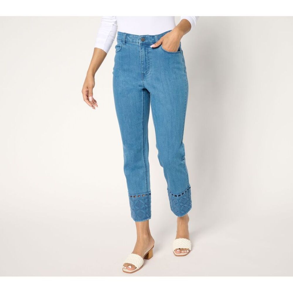 Susan Graver Women's Pants Sz 4 Denim Embroidered Ankle Jean Blue A681024
